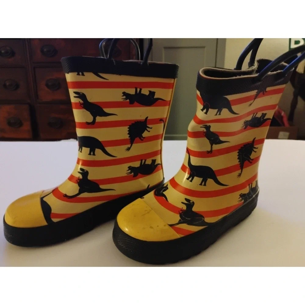 Toddler Sz 10 Rain Boots Rubber Blue Dinosaurs Yellow Body